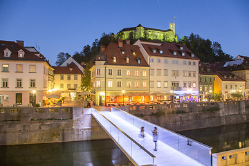 Image showing Evening panorama of riverfront of Ljubljana, Slovenia.