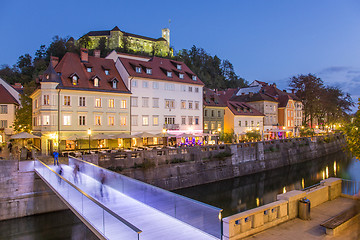 Image showing Evening panorama of riverfront of Ljubljana, Slovenia.