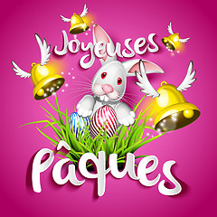 Image showing Joyeuses Paques, oeufs, cloches et lapin