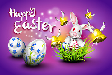 Image showing Happy Easter, eggs, bells and rabbit