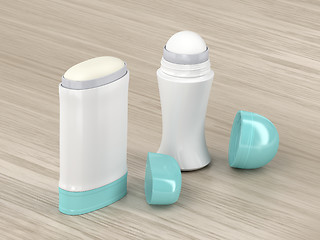 Image showing Antiperspirant deodorants on wood background