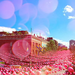 Image showing Summer party street in gay neighborhood decorated with pink ball