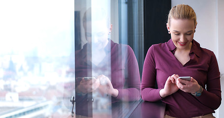 Image showing Elegant Woman Using Mobile Phone by window in office building