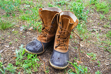 Image showing Pair of wet hunting boots on glade in forest