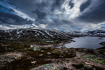 Image showing One autumn day with snow on the mountain peaks on the Hardangerv