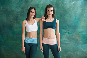 Image showing Two young sporty women posing at gym.