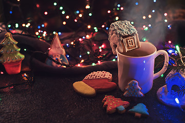 Image showing Christmas cookies and cup of tea