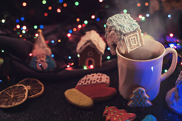 Image showing Christmas cookies and cup of tea