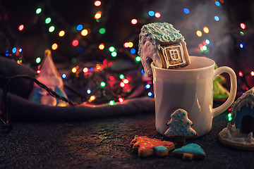 Image showing Christmas cookies and cup of tea