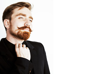 Image showing young red hair man with beard and mustache in black suit on white background