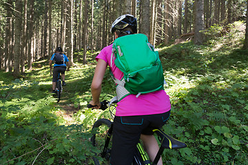 Image showing Active sporty couple riding mountain bikes on forest trail .