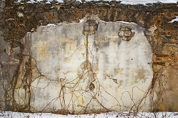 Image showing abandoned grunge house, cracked brick stucco wall