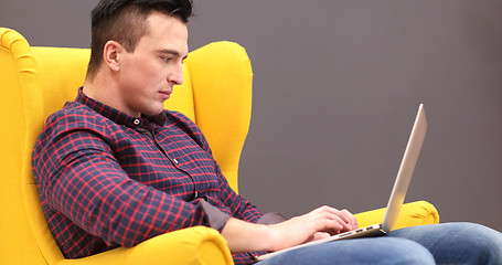 Image showing businessman working using a laptop in startup office