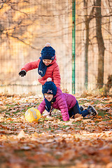 Image showing The two little baby girls playing in autumn leaves