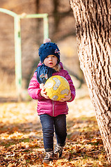 Image showing The little baby girl playing in autumn leaves