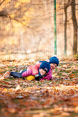 Image showing The two little baby girls playing in autumn leaves