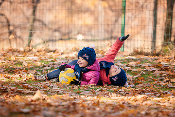 Image showing The two little baby girls playing in autumn leaves