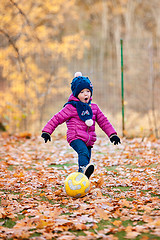 Image showing The little baby girl playing in autumn leaves