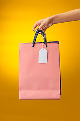 Image showing Female hand holding bright shopping bags