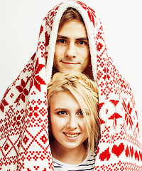 Image showing young pretty teenage couple, hipster guy with his girlfriend happy smiling and hugging isolated on white background, lifestyle people concept, valentine design winter plaid together