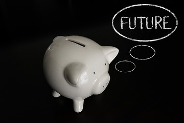 Image showing Piggy bank with thought bubbles, thinking FUTURE