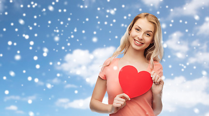 Image showing happy woman or teen girl with red heart shape