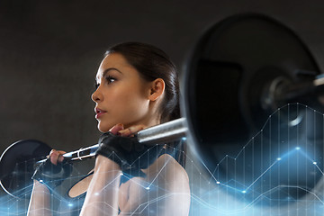 Image showing young woman flexing muscles with barbell in gym