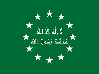 Image showing Flag of EU in Muslim green-white design with traditional Islamic shahada