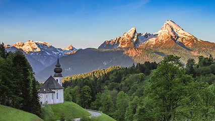 Image showing Panoramic view of Maria Gern church with snow-capped summit of W