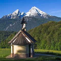 Image showing Small chapel Kirchleitn and snow-capped summits of Watzmann moun