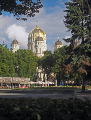 Image showing editorial Riga, Latvia Christ of Orthodox Cathedral and park