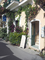 Image showing editorial flowers on buiding entrance to restaurant and rooms to