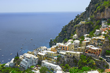 Image showing One of the best resorts of Italy with old colorful villas on the steep slope, nice beach, numerous yachts and boats in harbor and medieval towers along the coast, Positano.