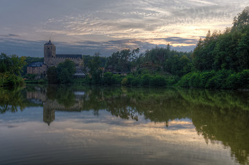 Image showing Kost castle and Bily brook. Sunset. Czech Republic