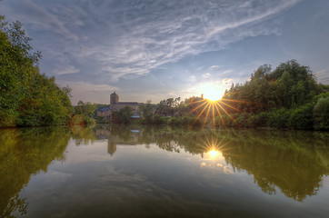 Image showing Kost castle and Bily brook. Sunset. Czech Republic