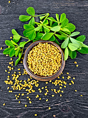 Image showing Fenugreek with leaf in bowl on black board top