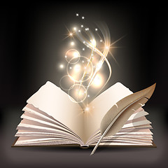 Image showing Open book with mystic bright light and feather