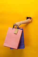 Image showing Female hand holding bright shopping bags