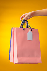 Image showing Female hand holding bright shopping bags