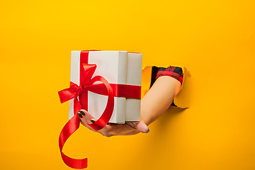 Image showing close-up of female hand holding a present through a torn paper, isolated