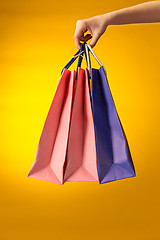 Image showing Female hand holding bright shopping bags