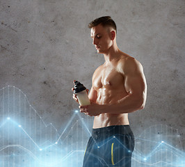 Image showing young man or bodybuilder with protein shake bottle