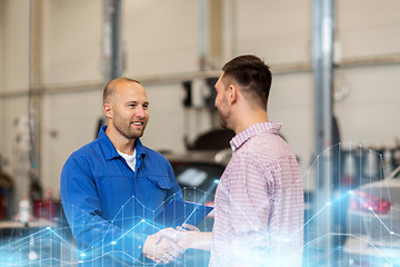 Image showing auto mechanic and man shaking hands at car shop