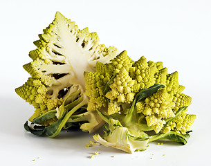 Image showing A halved Romanesco broccoli on a white background