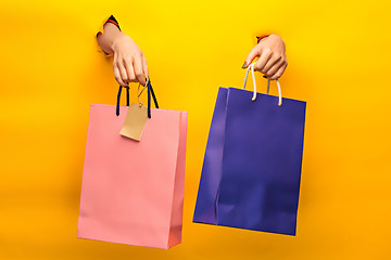 Image showing Female hand holding bright shopping bags