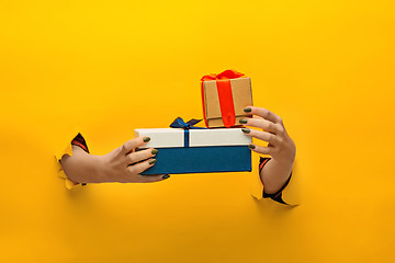 Image showing close-up of female hand holding a present through a torn paper, isolated