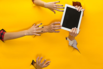 Image showing close-up of female hand holding a present through a torn paper, isolated