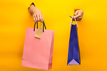 Image showing Female hand holding bright shopping bags