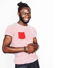 Image showing young handsome afro american boy stylish hipster gesturing emotional isolated on white background smiling, lifestyle people concept