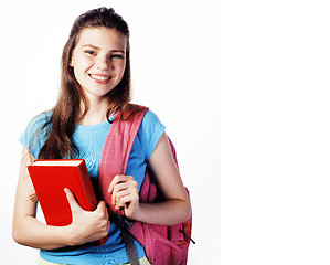 Image showing young cute teenage girl posing cheerful against white background with books and backpack isolated, lifestyle people concept